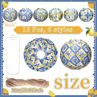 12 Pzas Faroles Limón Capri 8pulg Azul Amarillo Colgantes Fiesta