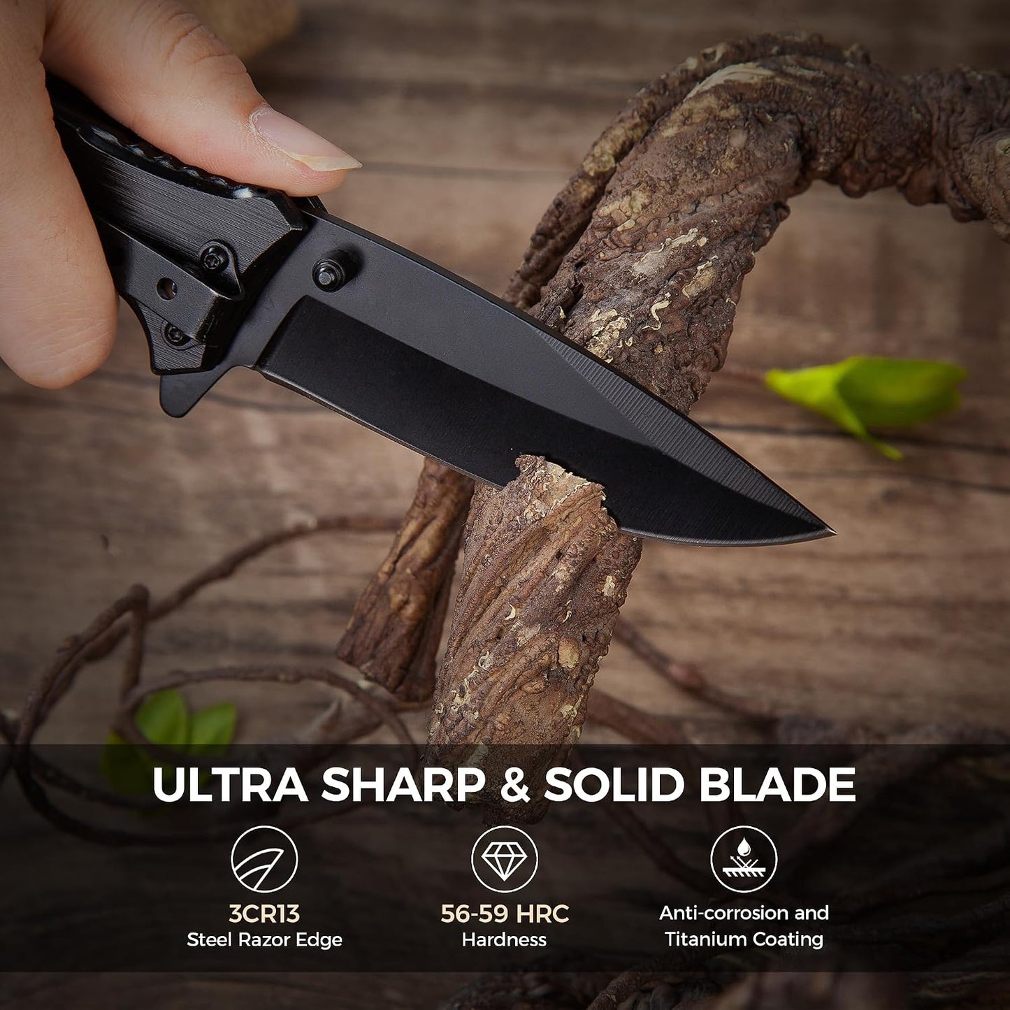 Cuchillo grabado mango madera hoja acero inox negro regalo papá