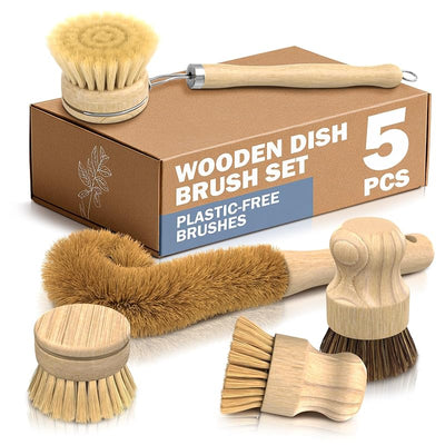 Set 5 cepillos bambú para platos con cerdas suaves y rígidas