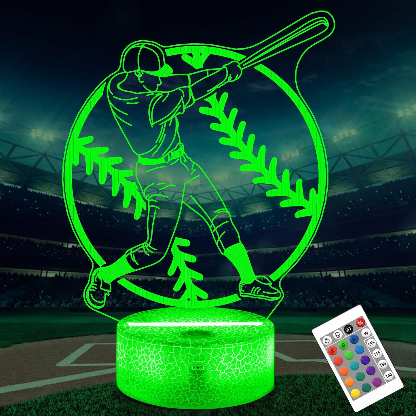Lámpara 3D béisbol con control 16 colores para niños