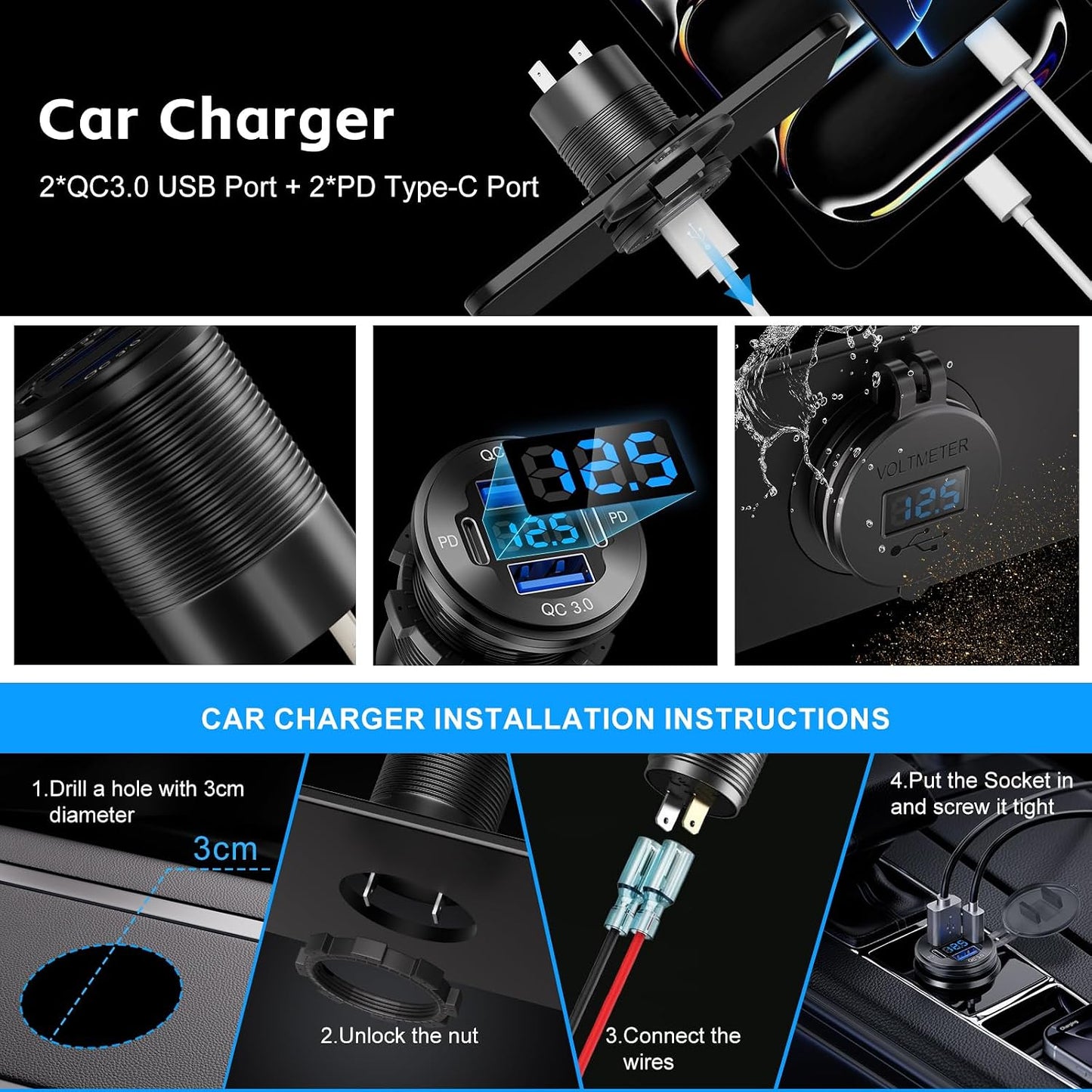 Enchufe USB coche 12V 4 puertos 2 PD 2 QC3.0 con voltímetro