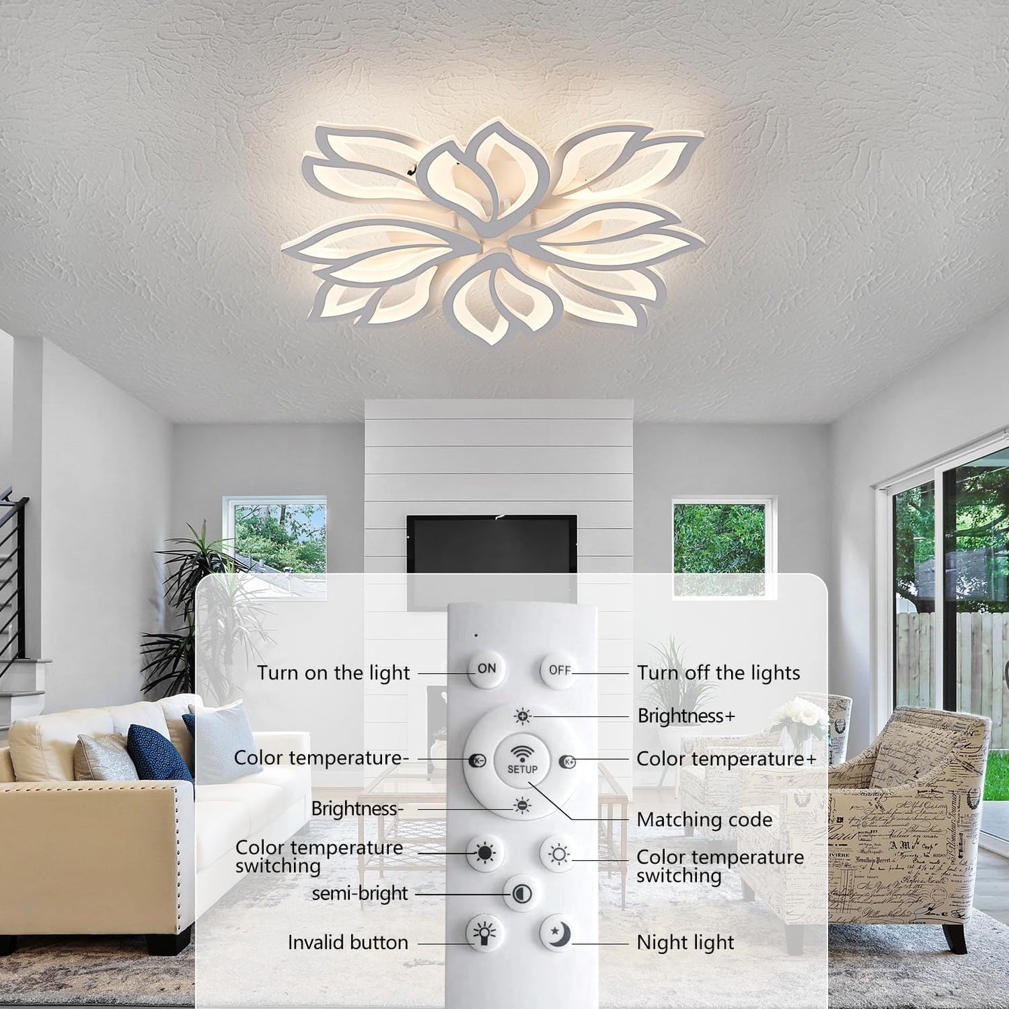Lámpara techo LED forma flor blanca 71cm control remoto