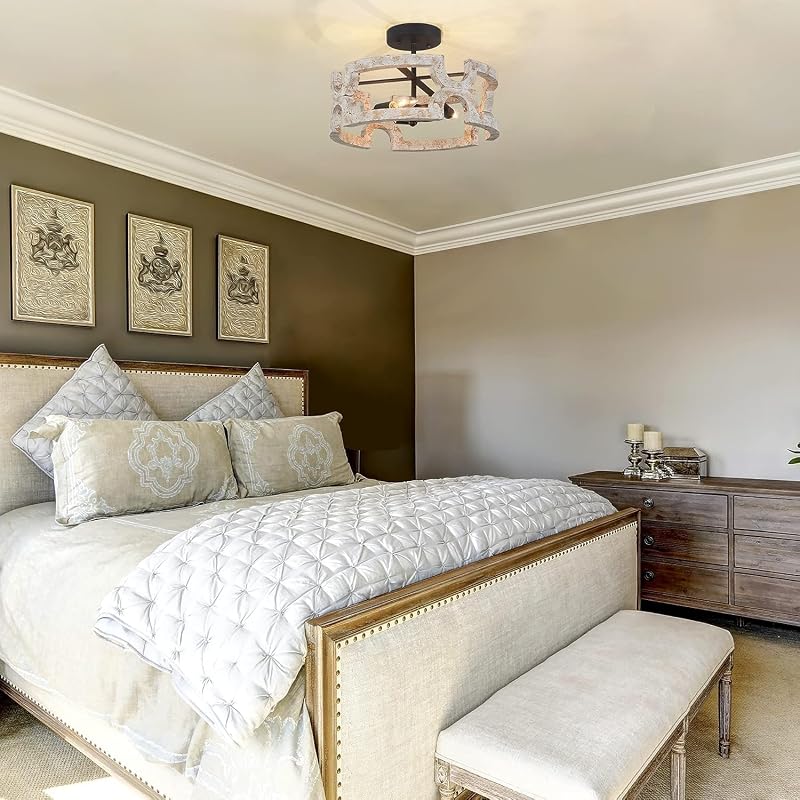 Lámpara techo madera estilo granja blanco dormitorio