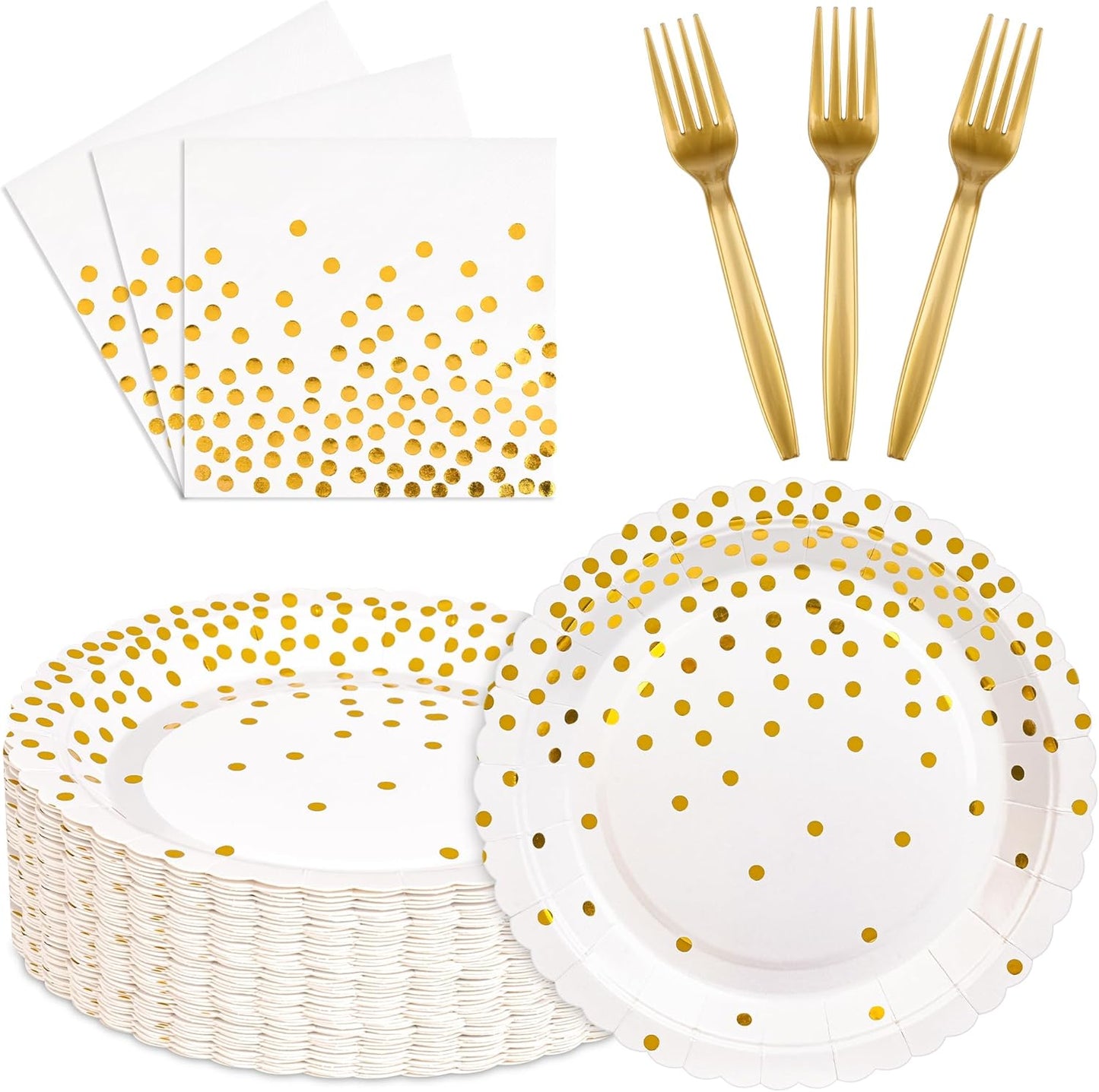 Platos y servilletas de fiesta en blanco y dorado con motivos escalonados para 30 personas