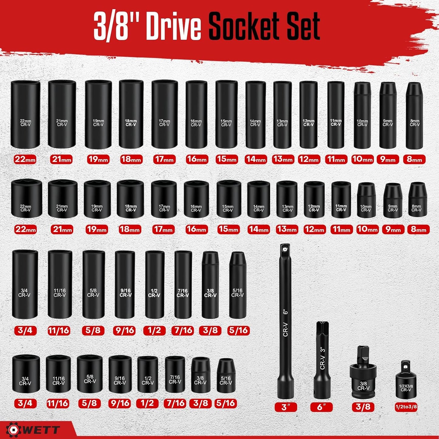 Set 48 Pzas Vasos Impacto 3/8 SAE/Métrico con Barra 3-6 Pulg
