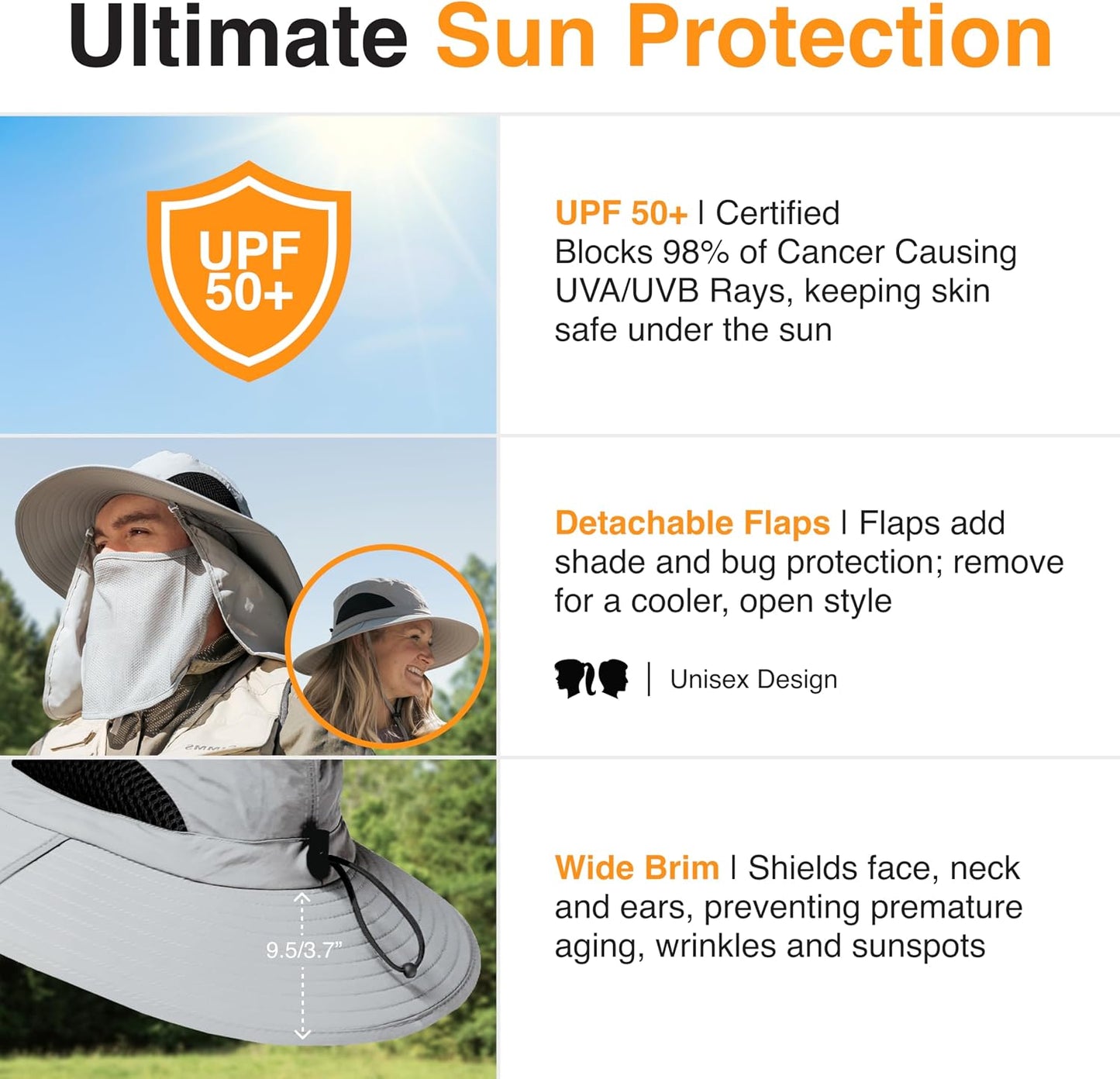 Sombrero sol brim ancho UPF 50 para pescar