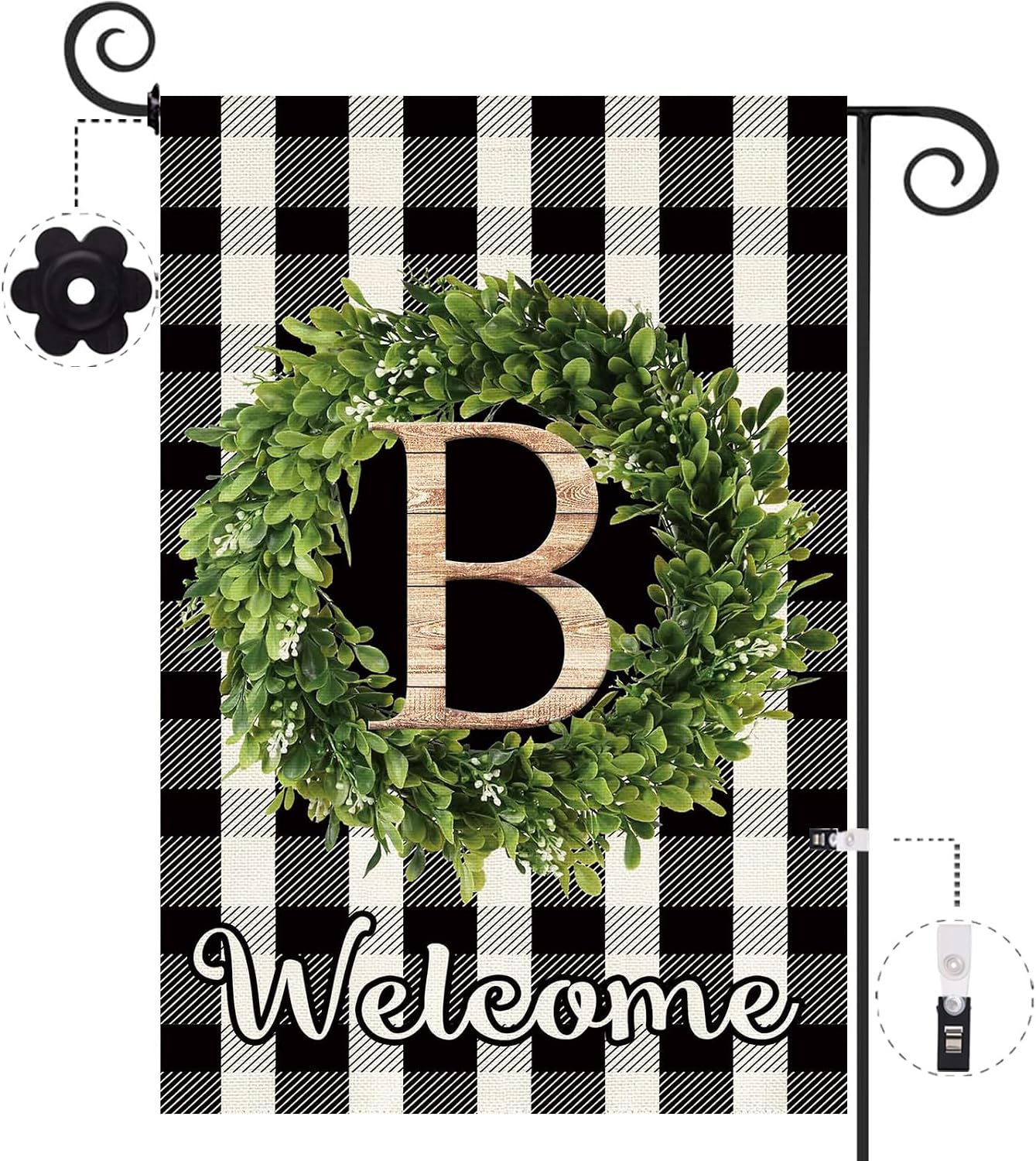 Bandera jardín monograma B 12.5x18pulg búfalo boj corona