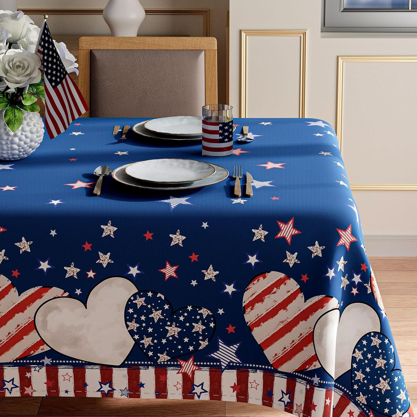 Mantel rectangular 60x120pulg estrellas corazones Día 4 Julio