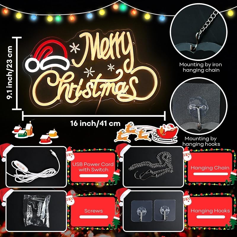 Letrero neón Papá Noel 16x9" LED USB decoración