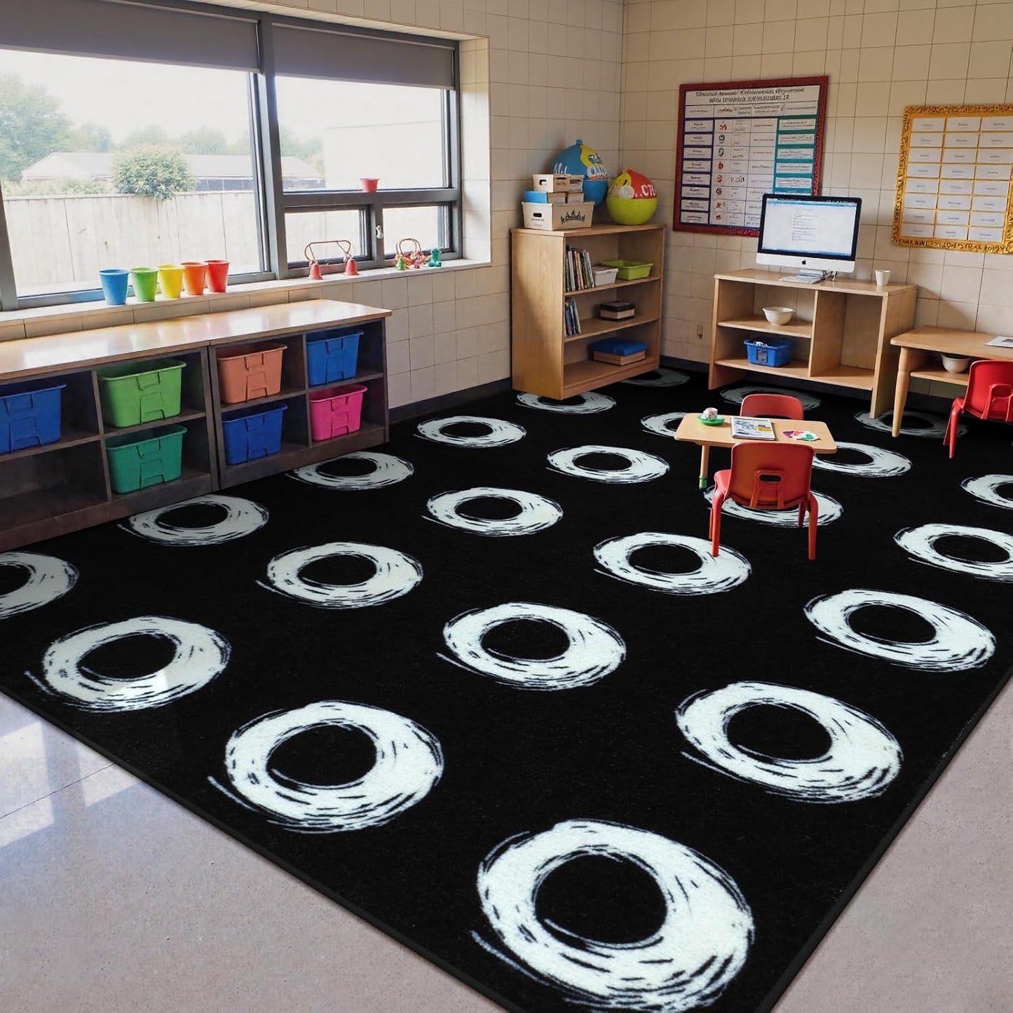 Alfombra educativa niños 7.5x13ft negra abstracta