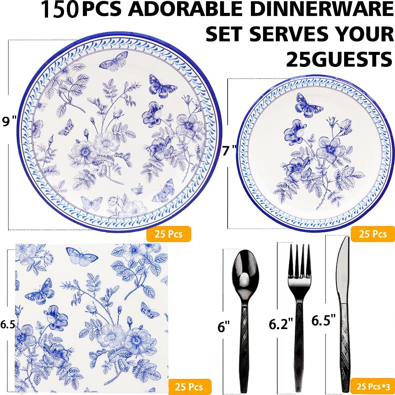 Set vajilla floral azul y blanco 150pzas platos 9x7pulg