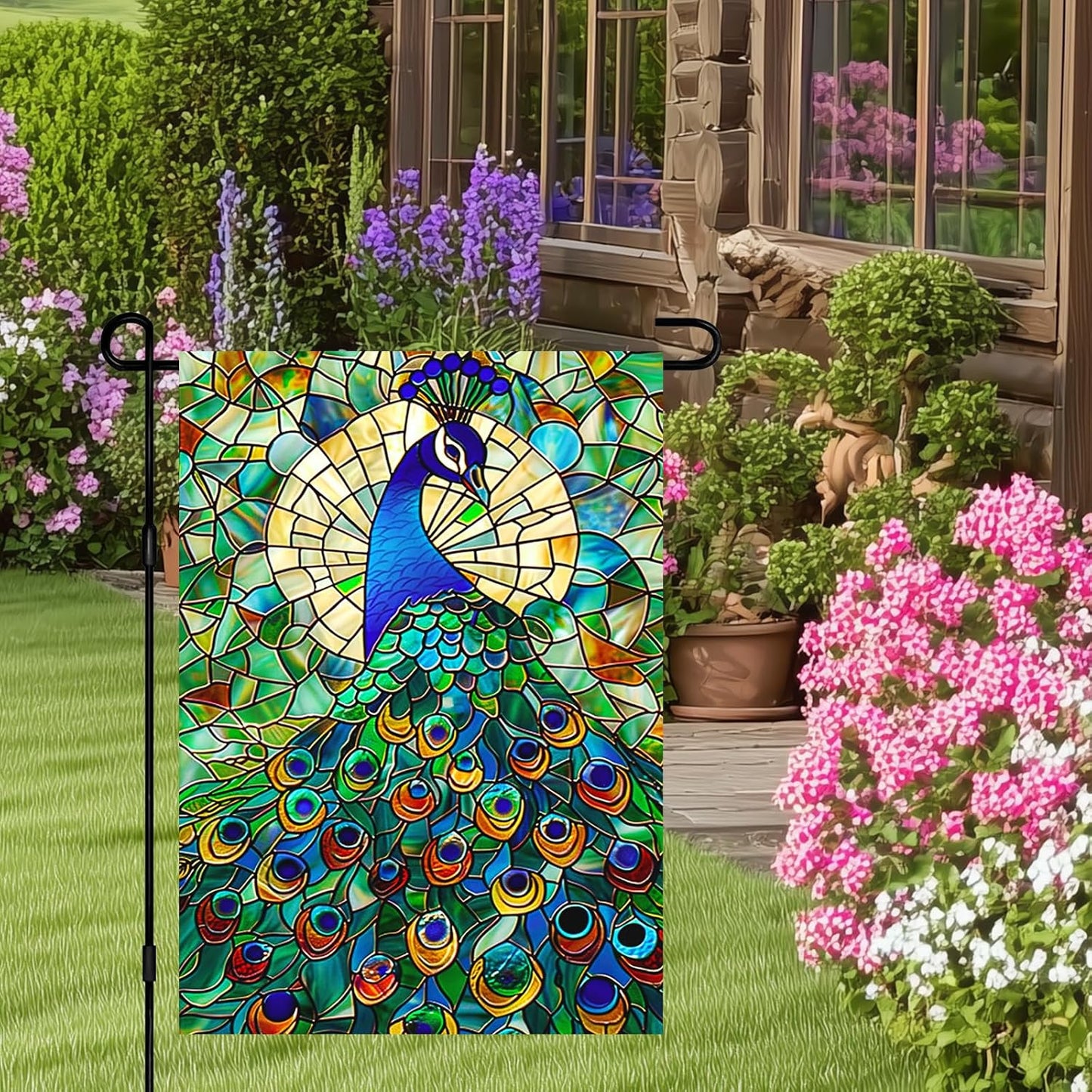 Bandera jardín cristal pavo real 12x18pulg doble cara