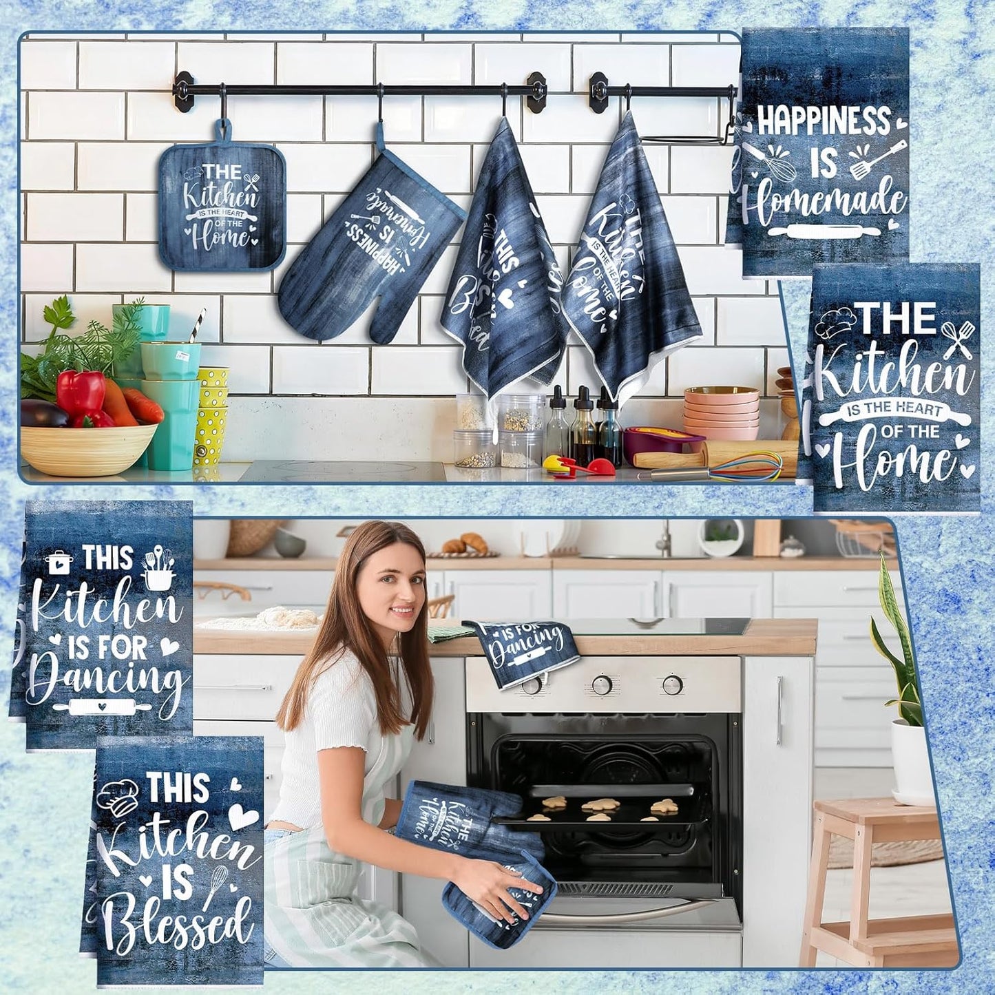 Set 8 Paños Cocina Azules Guantes Horno Soportes Ollas