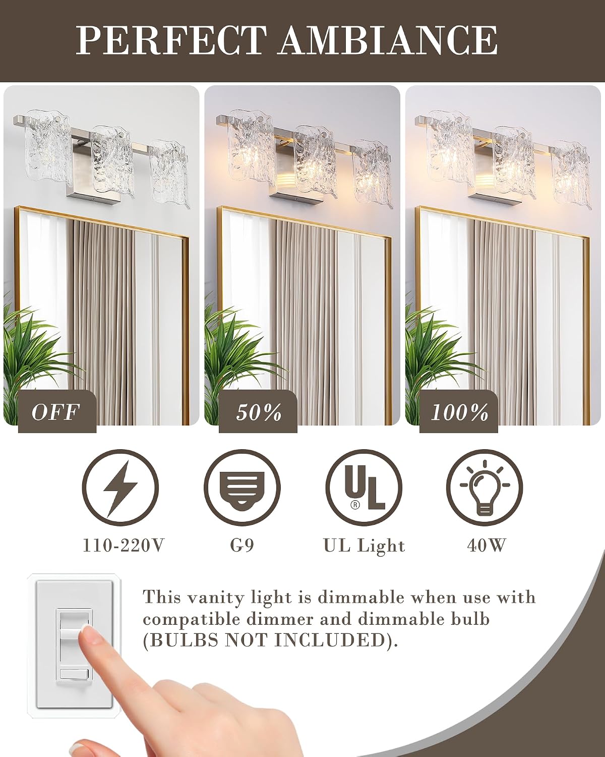 Lámpara baño 3 luces níquel cepillado sobre espejo