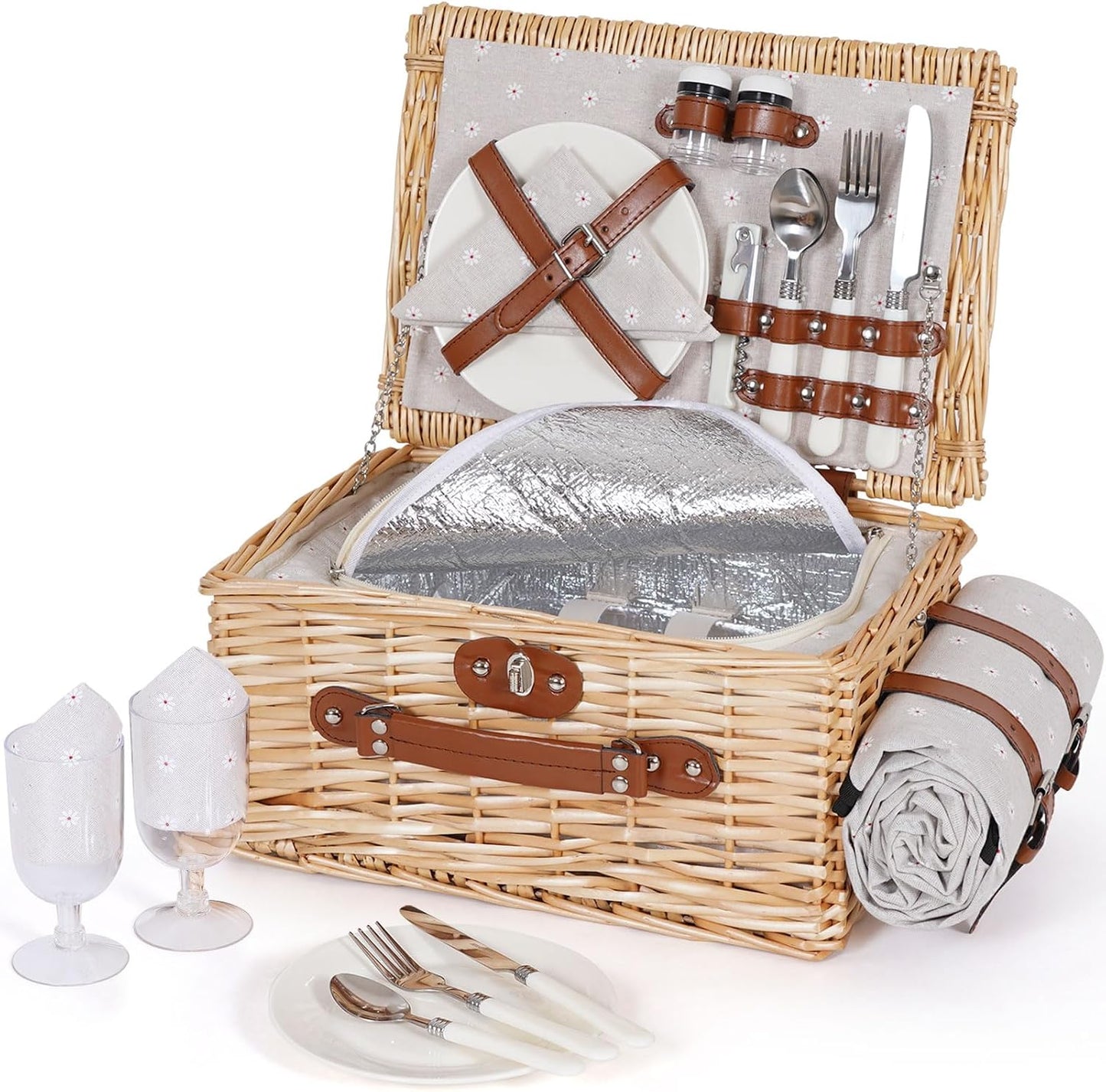 Set cesta picnic mimbre manta impermeable forro aislado