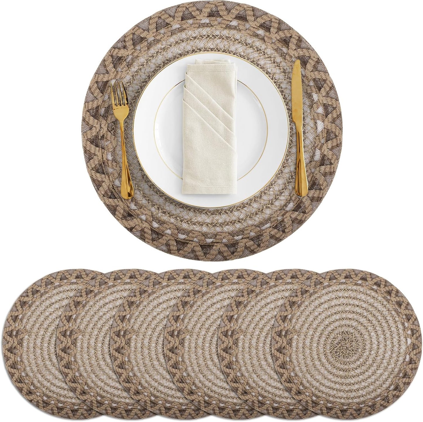 Juego de 6 manteles individuales redondos de arpillera de 15 pulgadas para mesa de comedor tejido de yute con borde ondulado trenzado