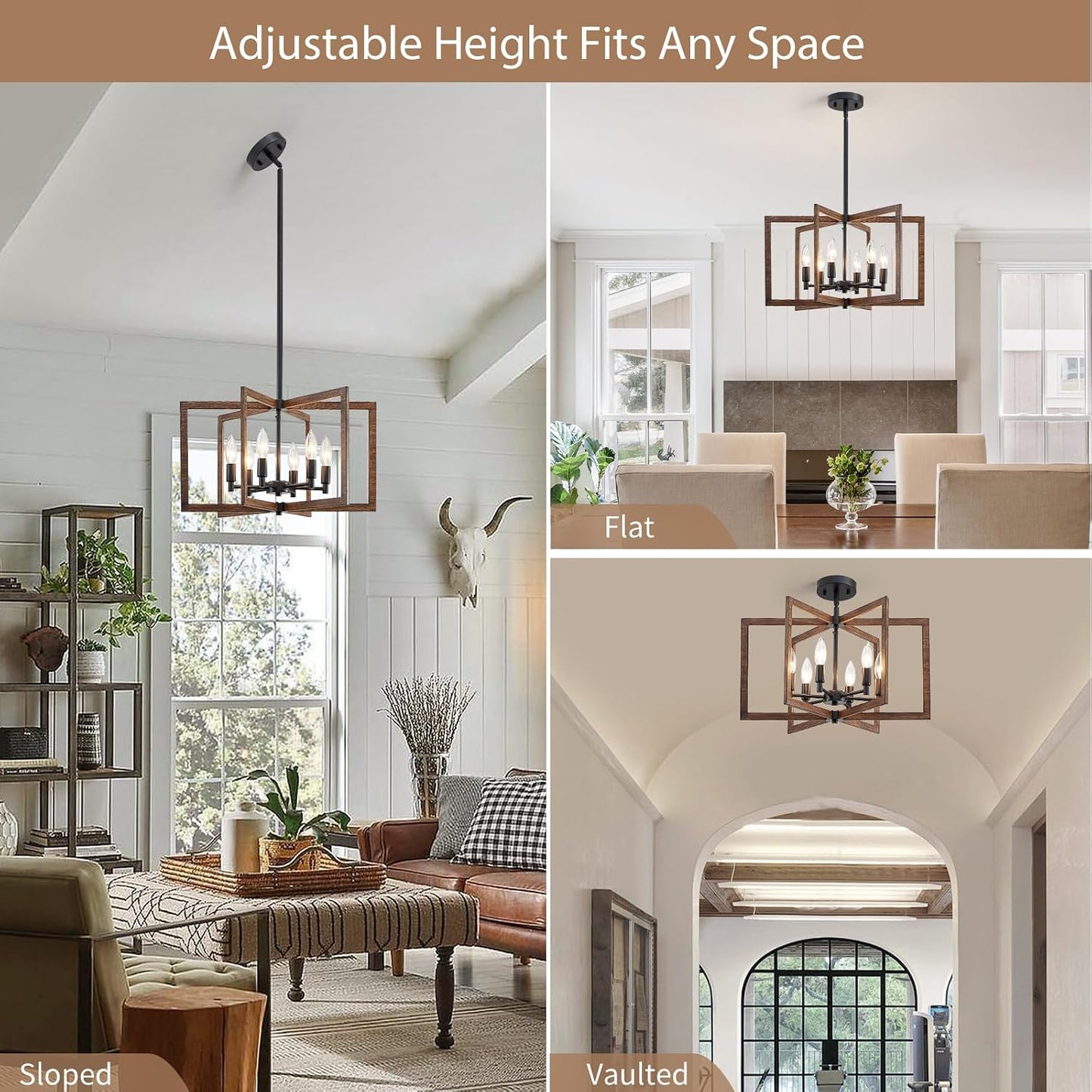 Lámpara colgante geométrica 20pulg madera y negro 6 luces