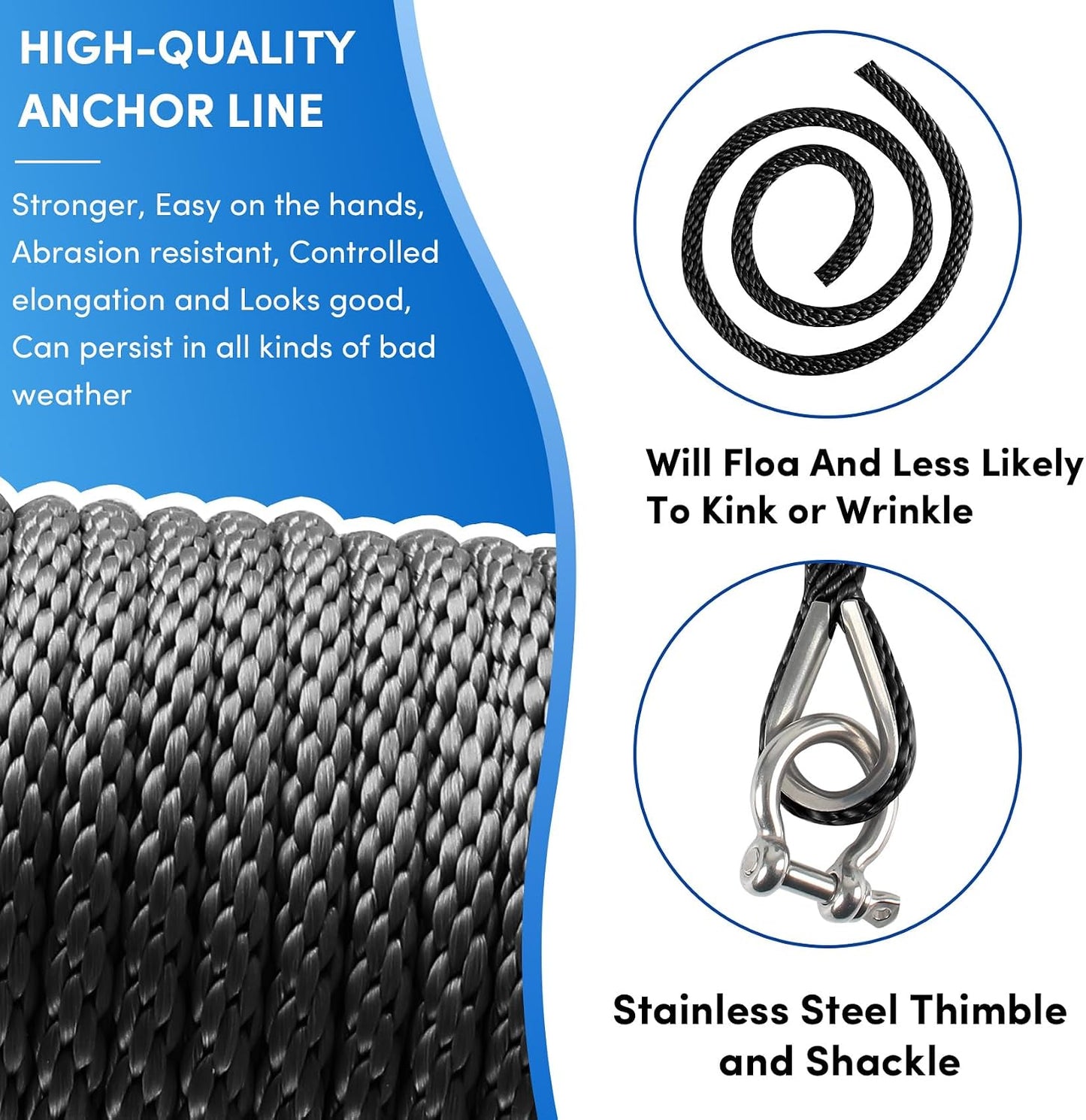 Cuerda anclaje 50ft x 1/2pulg trenzada sólida para barco negro