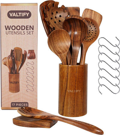 Set 17 Pzas Utensilios Madera Teca con Soporte