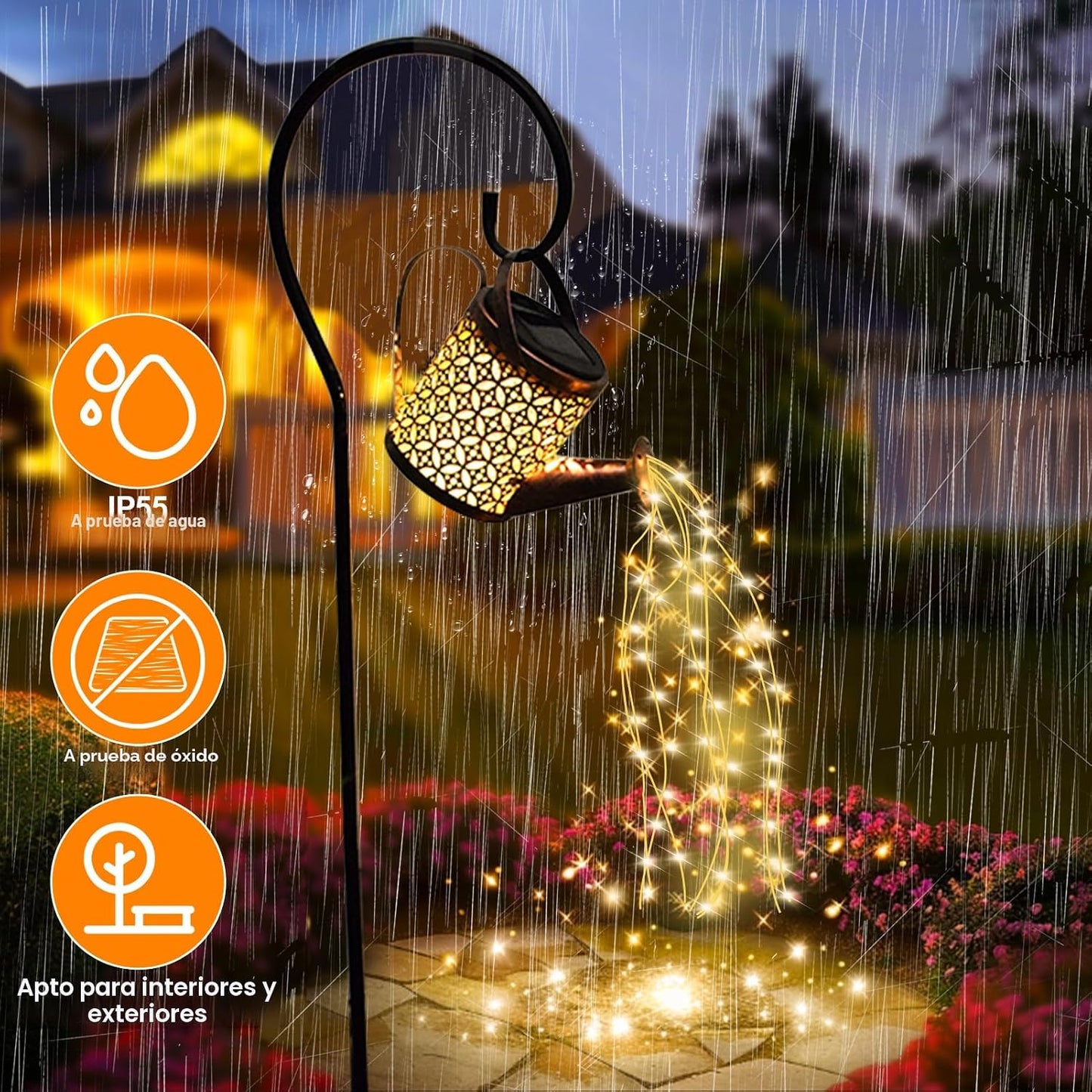 Regadera solar con luces cascada decoración jardín patio