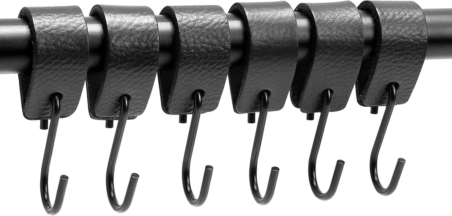 6 Pzas Ganchos en S de Cuero Negro para Abrigos y Cocina
