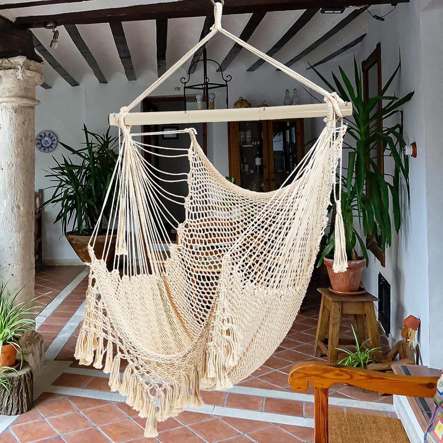 Silla hamaca cuerda algodón suave varilla metal uso jardín