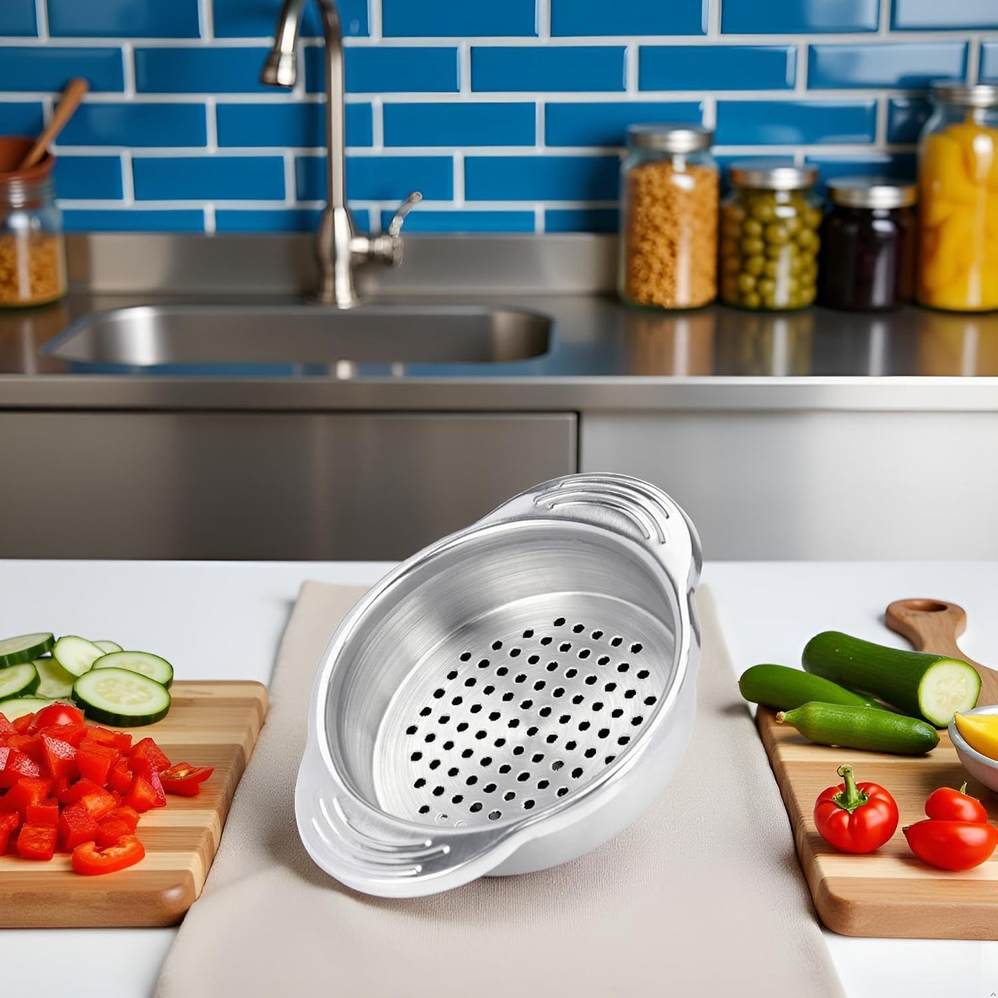 Colador alimentos acero inox plateado prensa atún