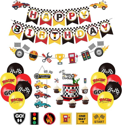Decoración cumpleaños coche carrera pancarta globos juegos