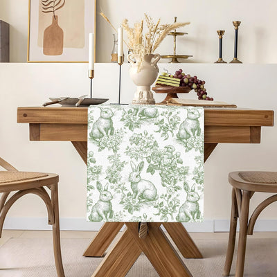 Camino de mesa Pascua vintage Toile de Jouy conejo verde y blanco decoracion fiesta primavera