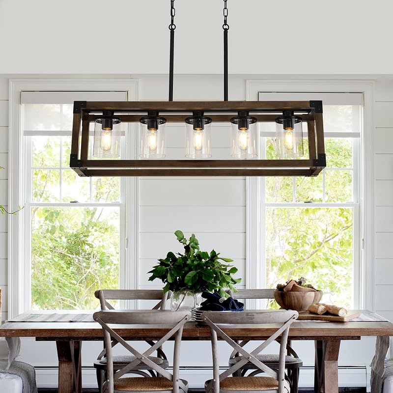 Lámpara isla cocina 5 luces candelabro negro madera rústica