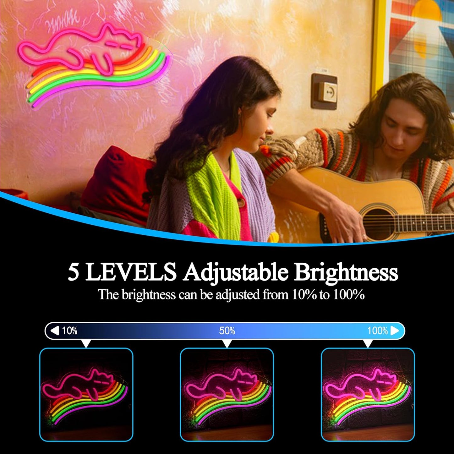 Letrero neón gato arcoíris USB luz LED decoración dormitorio