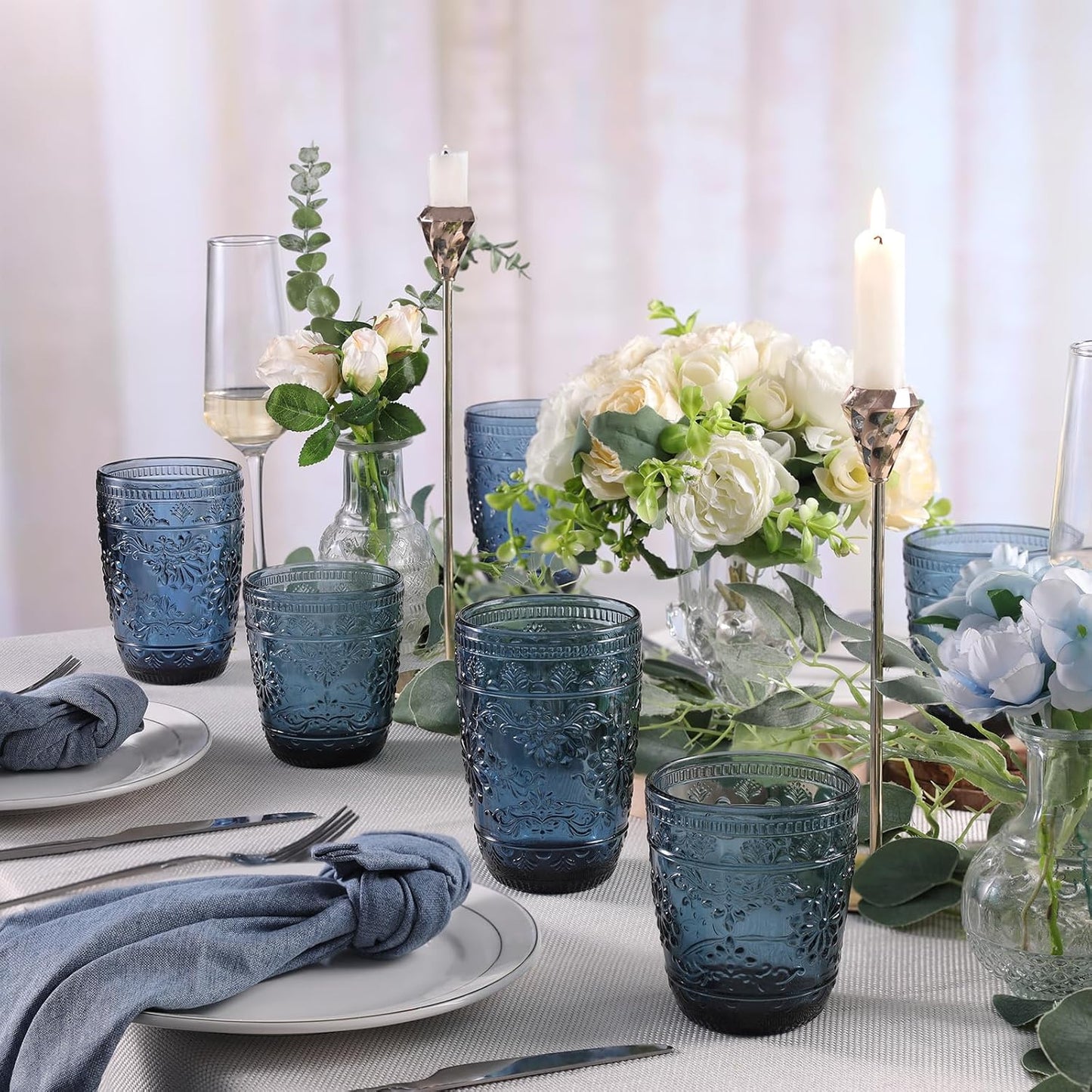 6 Vasos Vidrio 14oz Azules para Beber Set Cristalería