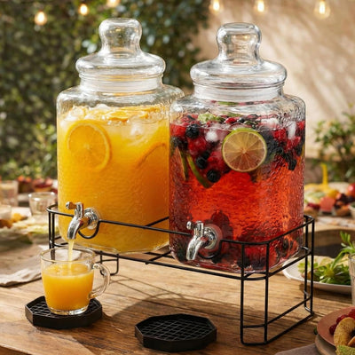 2 Dispensadores Bebida Vidrio Martillado Acero Inox 1.5gal