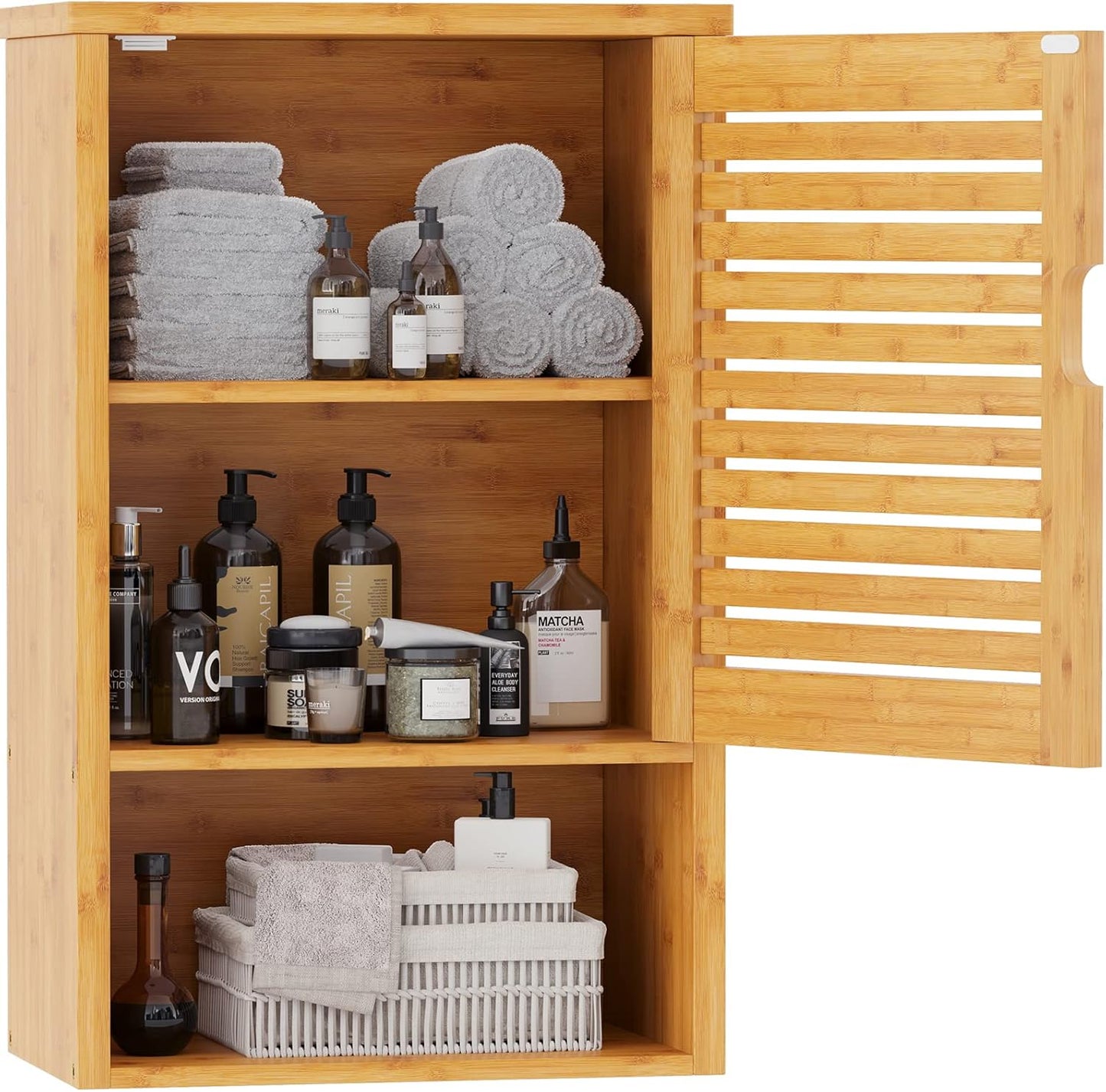 Armario pared baño botiquín madera bambú puerta ajustable