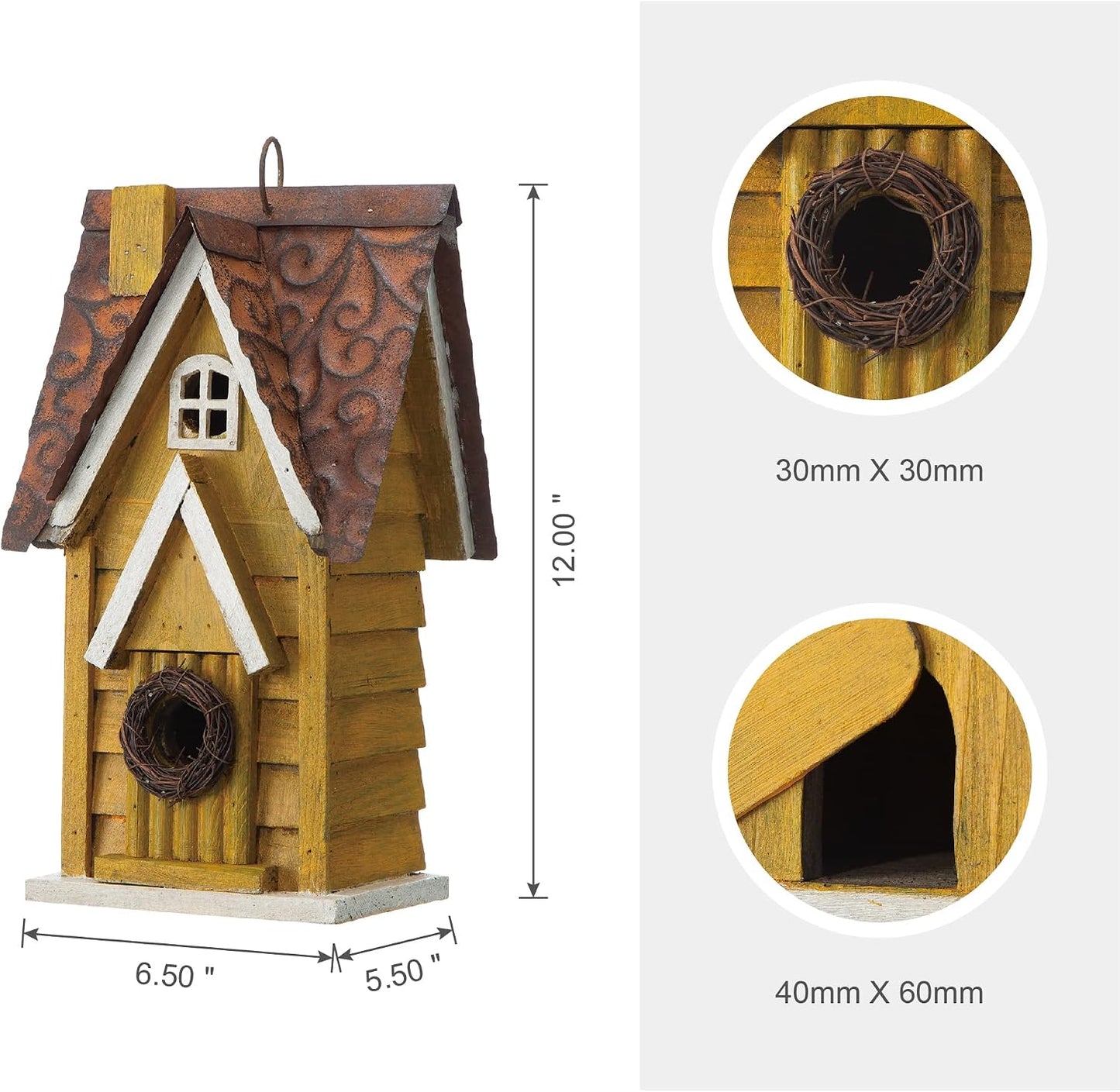 Casa para pájaros colgante madera envejecida cabaña amarilla