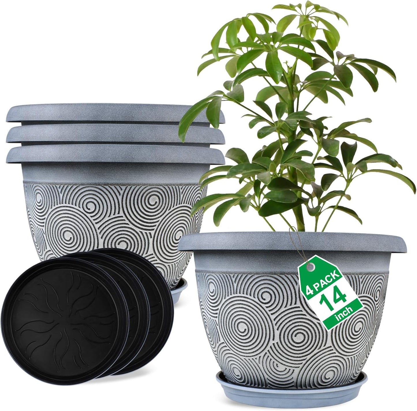 Maceta plástico 14" 4 pzas con drenaje y bandeja decorativa