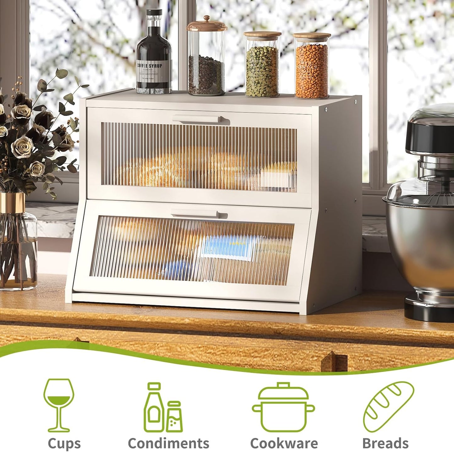 Panera doble capa bambú encimera cocina contenedor pan