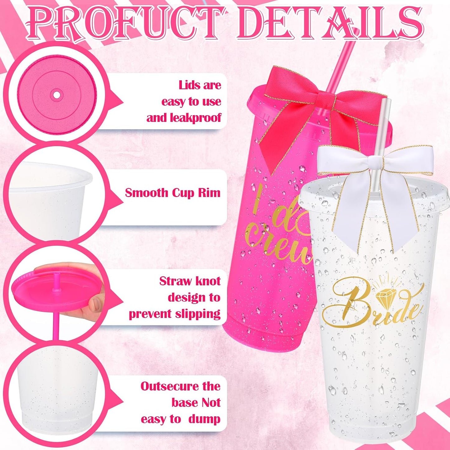 8 Vases Plástico Dama Honor con Tapa Popote Lazo 24oz Rojo Rosa
