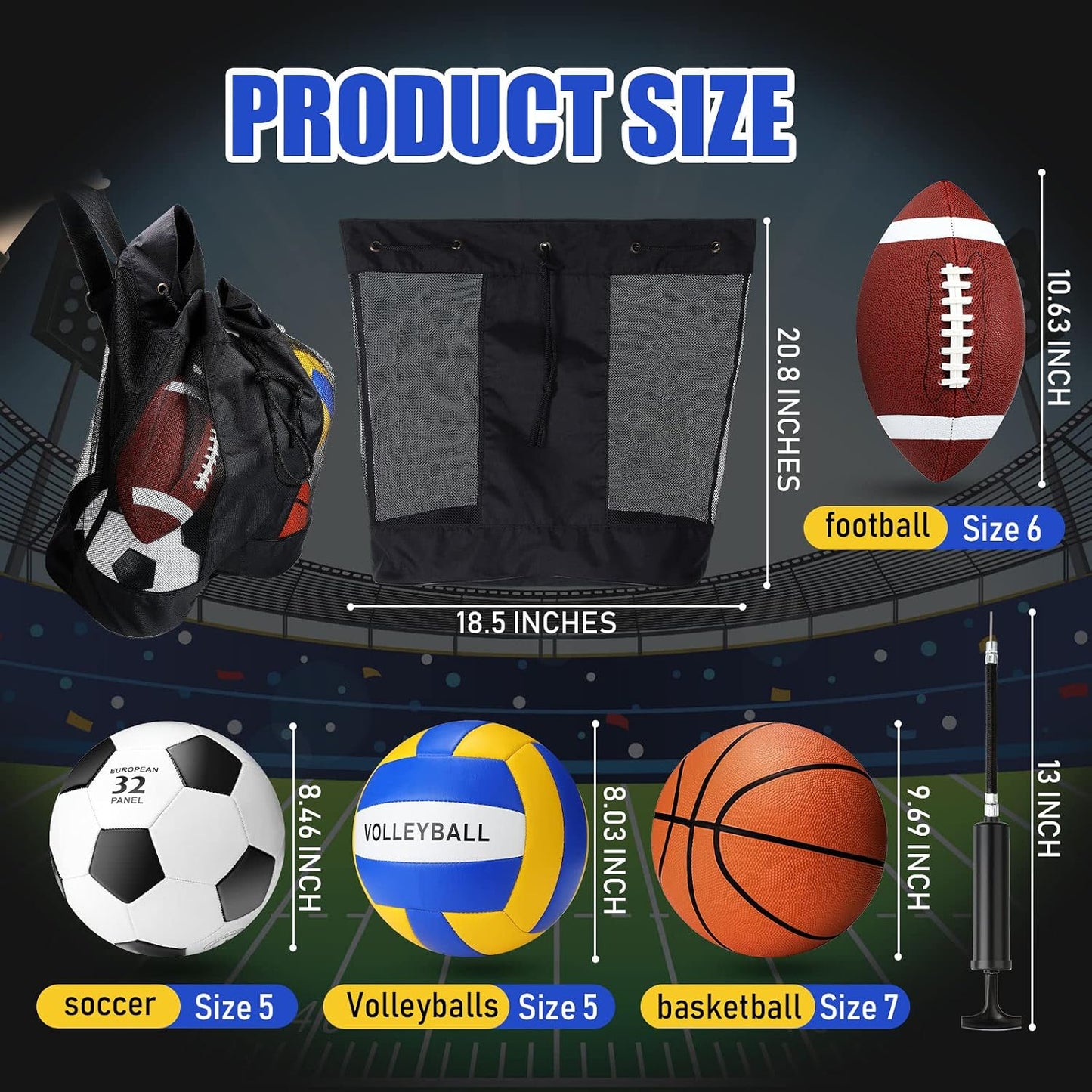 Set 8 pelotas deportivas con bolsas y bombas para adultos