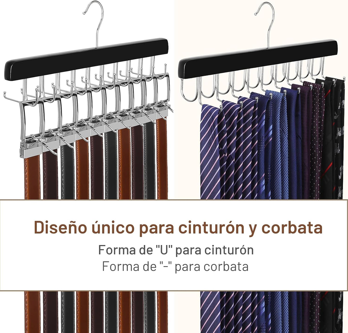 Organiz. cinturón corbata 2en1 madera 20 ganchos