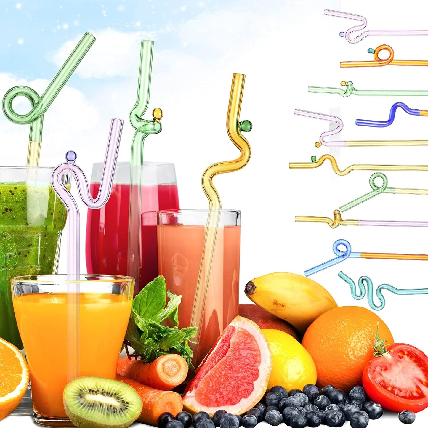 10 Pajitas Vidrio Onduladas Coloridas Regalo Navidad Bebidas