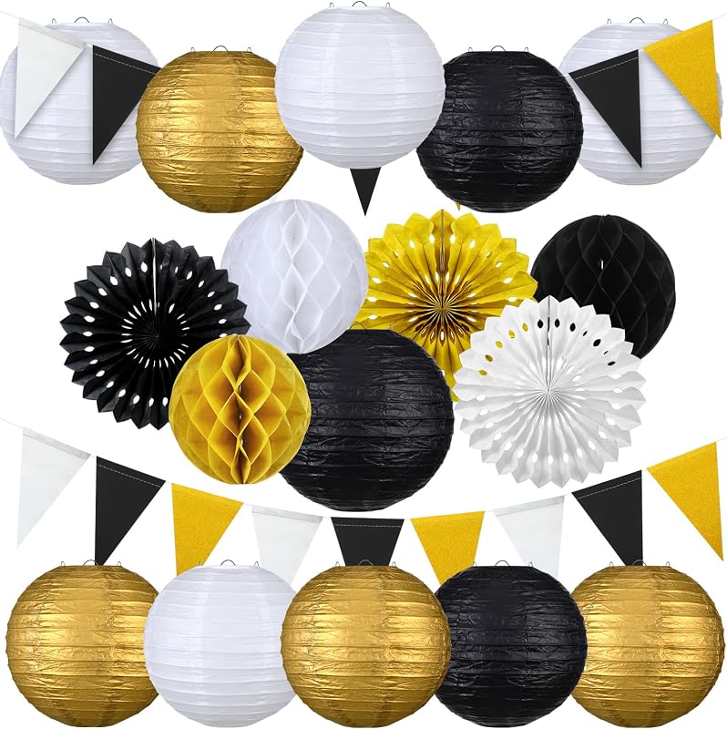20 Linternas Papel Decoración Año Nuevo Negro Dorado