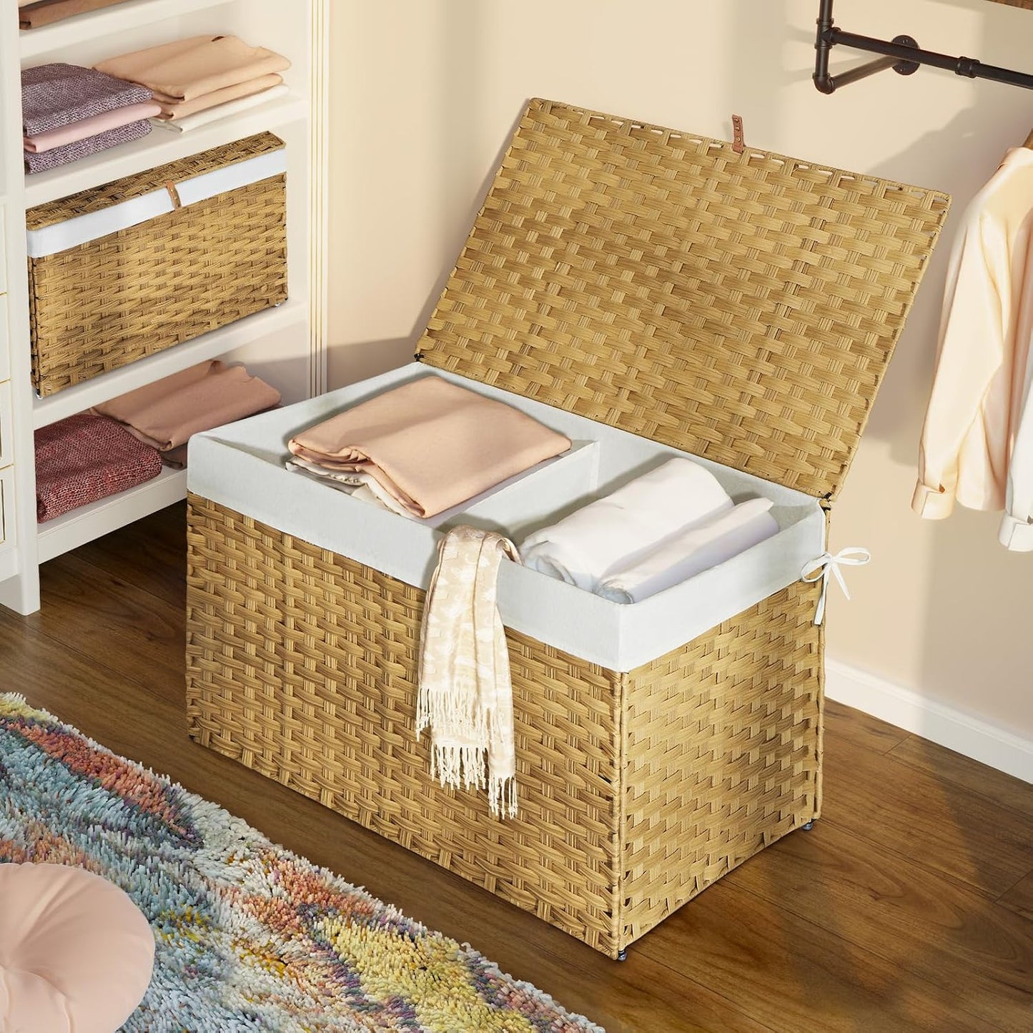 Cesta almacenamiento mimbre plegable 160L con tapa asas