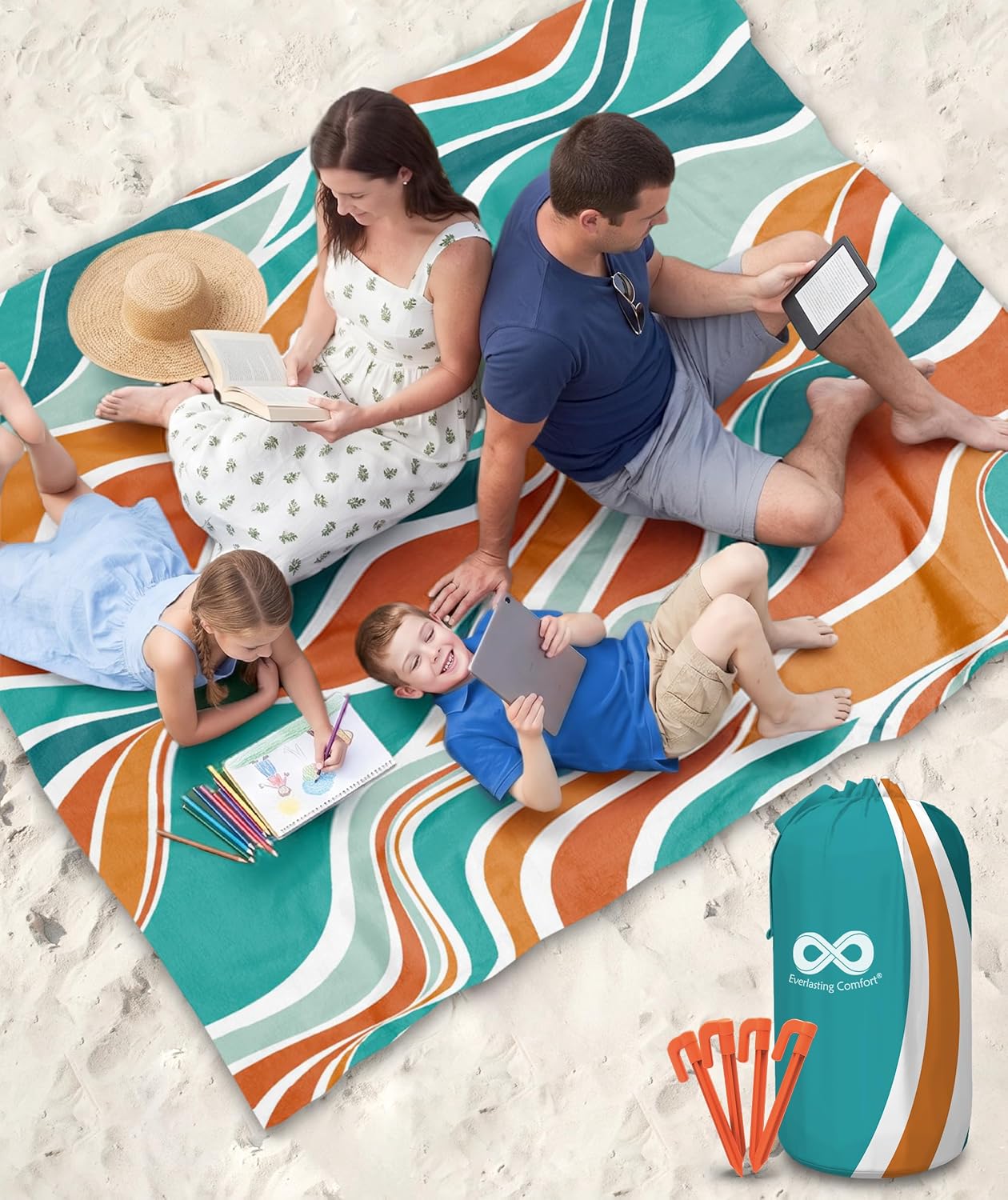 Manta playa impermeable 80x80" para 4 personas naranja