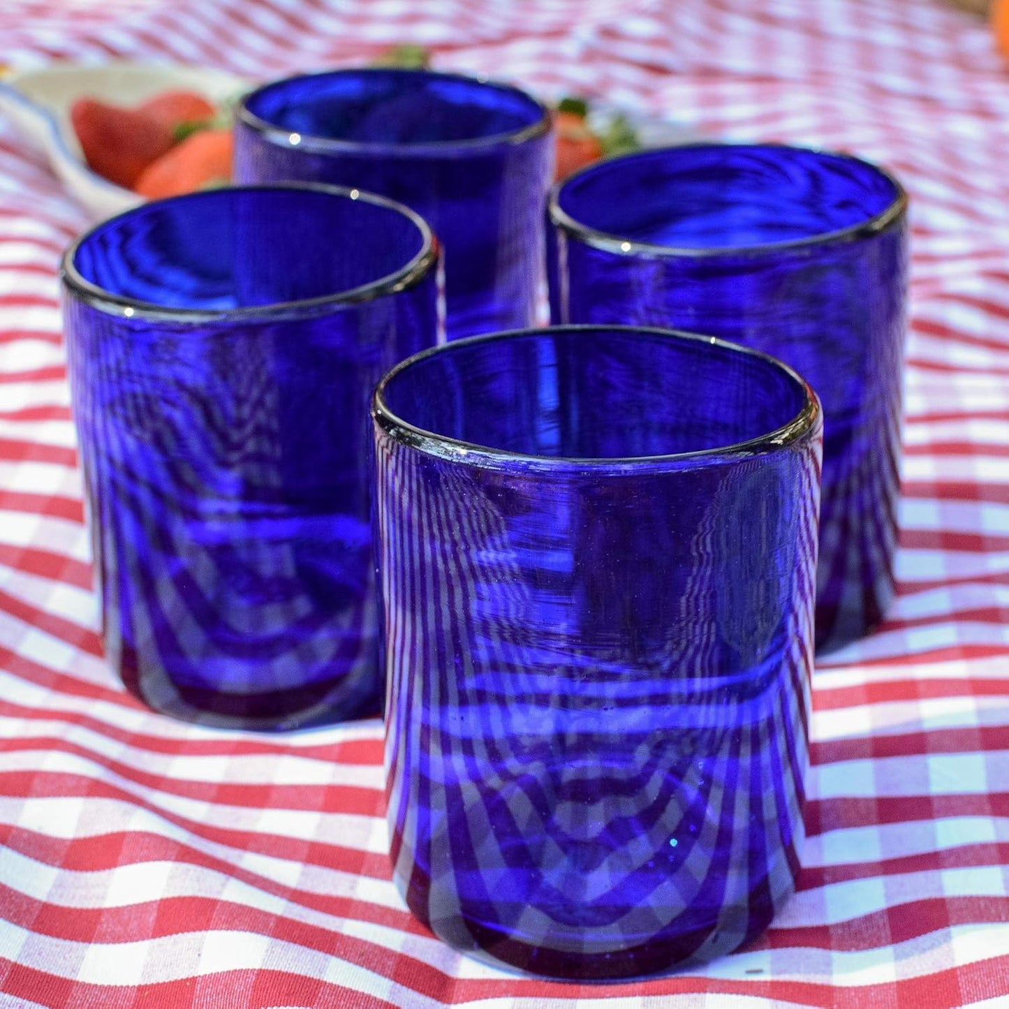 Vasos vidrio reciclado azul soplado a mano set 6