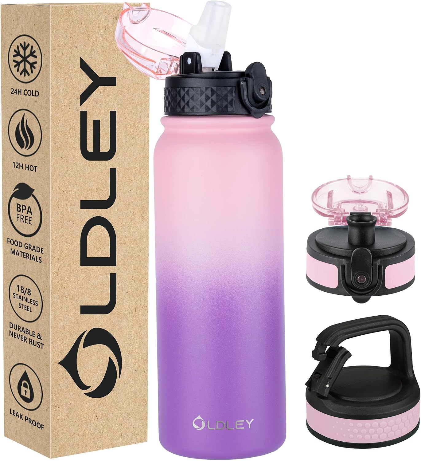 Botella agua aislada acero inox 20oz con popote 3 tapas