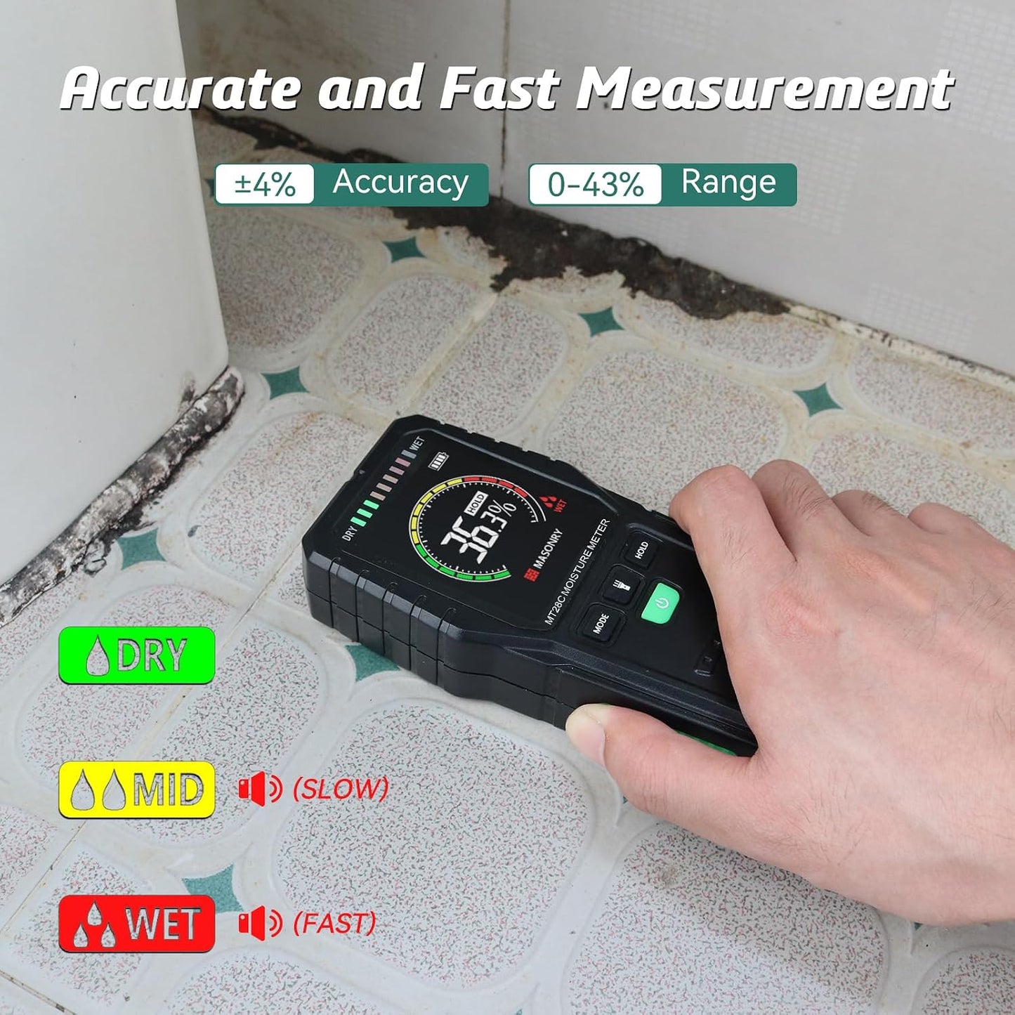 Medidor humedad pared piso digital LCD 3 colores alarma