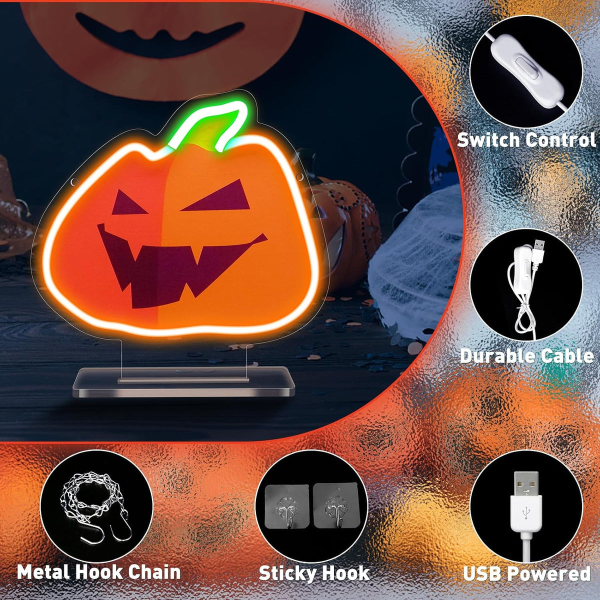 Letrero neón calabaza Acción de Gracias USB iluminado
