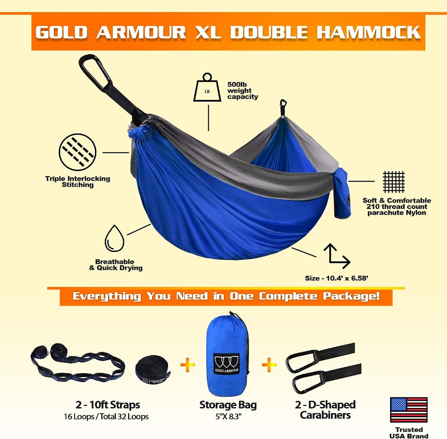 Hamaca doble XL portátil con correas árboles azul gris