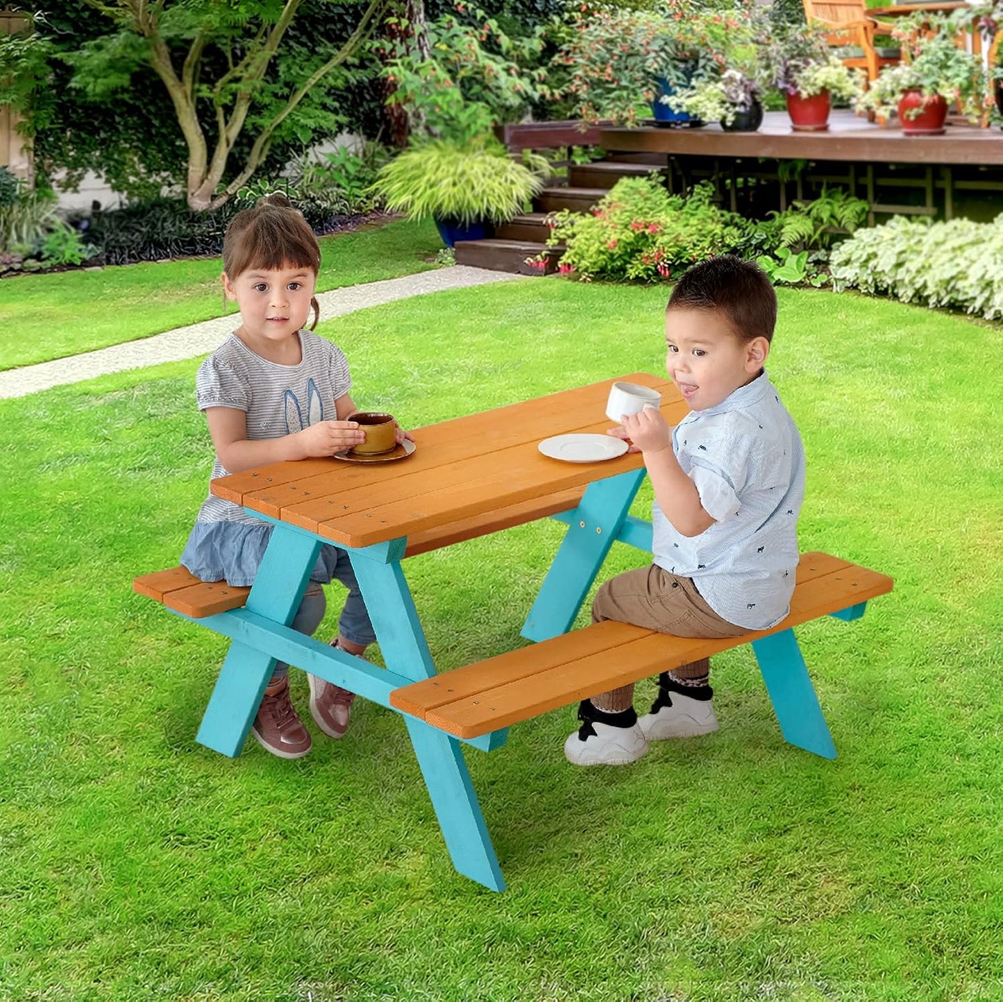 Set mesa y bancas picnic madera niños exteriores
